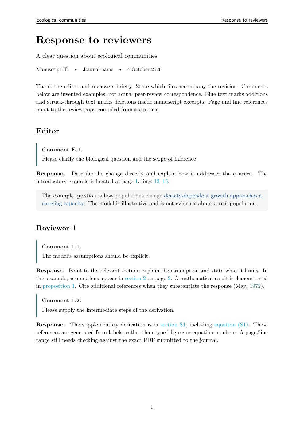 First page of the reviewer response, with numbered comments, replies and a highlighted manuscript excerpt