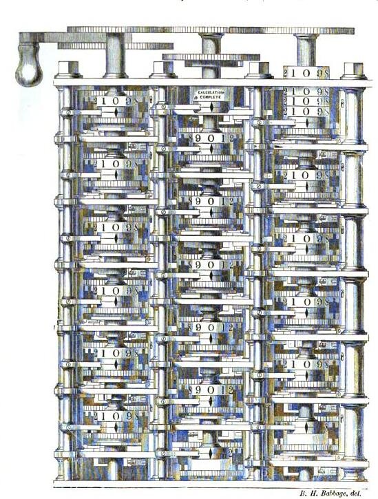 Engraving of the stacked number wheels of Charles Babbage's Difference Engine No. 1
